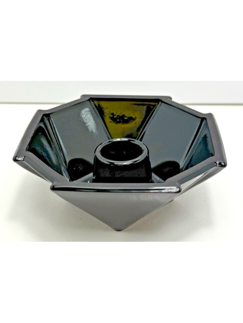 Sakier for Fostoria Glass Art Deco Black Ebony Geometric Table Candlestick